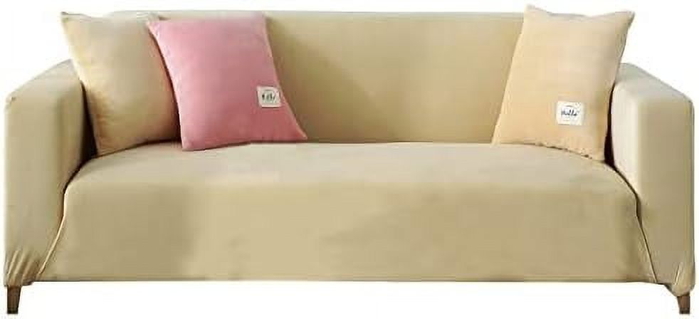 Beige 2 Seater Stretch Velvet Sofa Slipcover with Non Slip Elastic Straps N52885