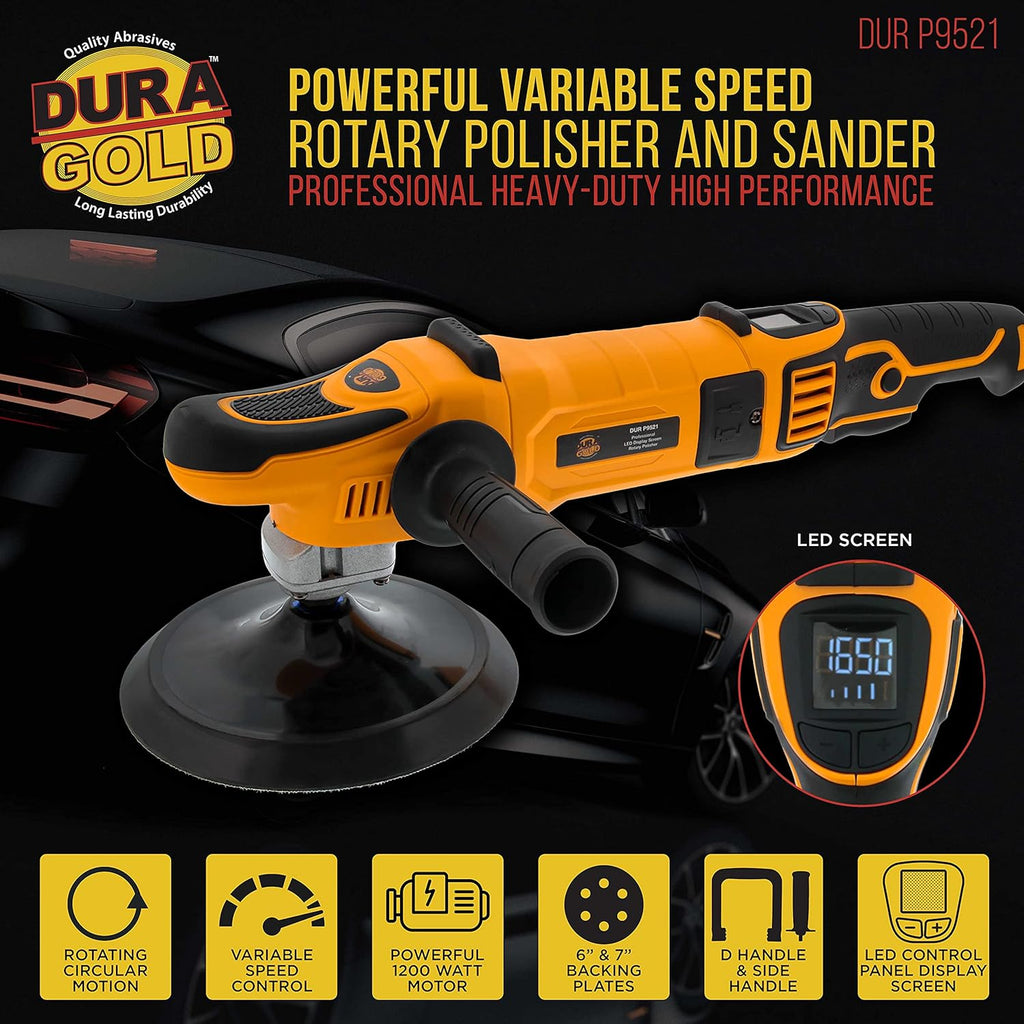 7 Rotary Polisher Buffer Sander with LED Screen Variable Speed RPM Control, 1200 Watts, 2 Buffing Polishing Pads V497456