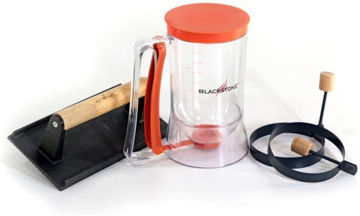 4 Piece Griddle Breakfast Kit with Batter Dispenser, Bacon Press, Egg Rings I4999