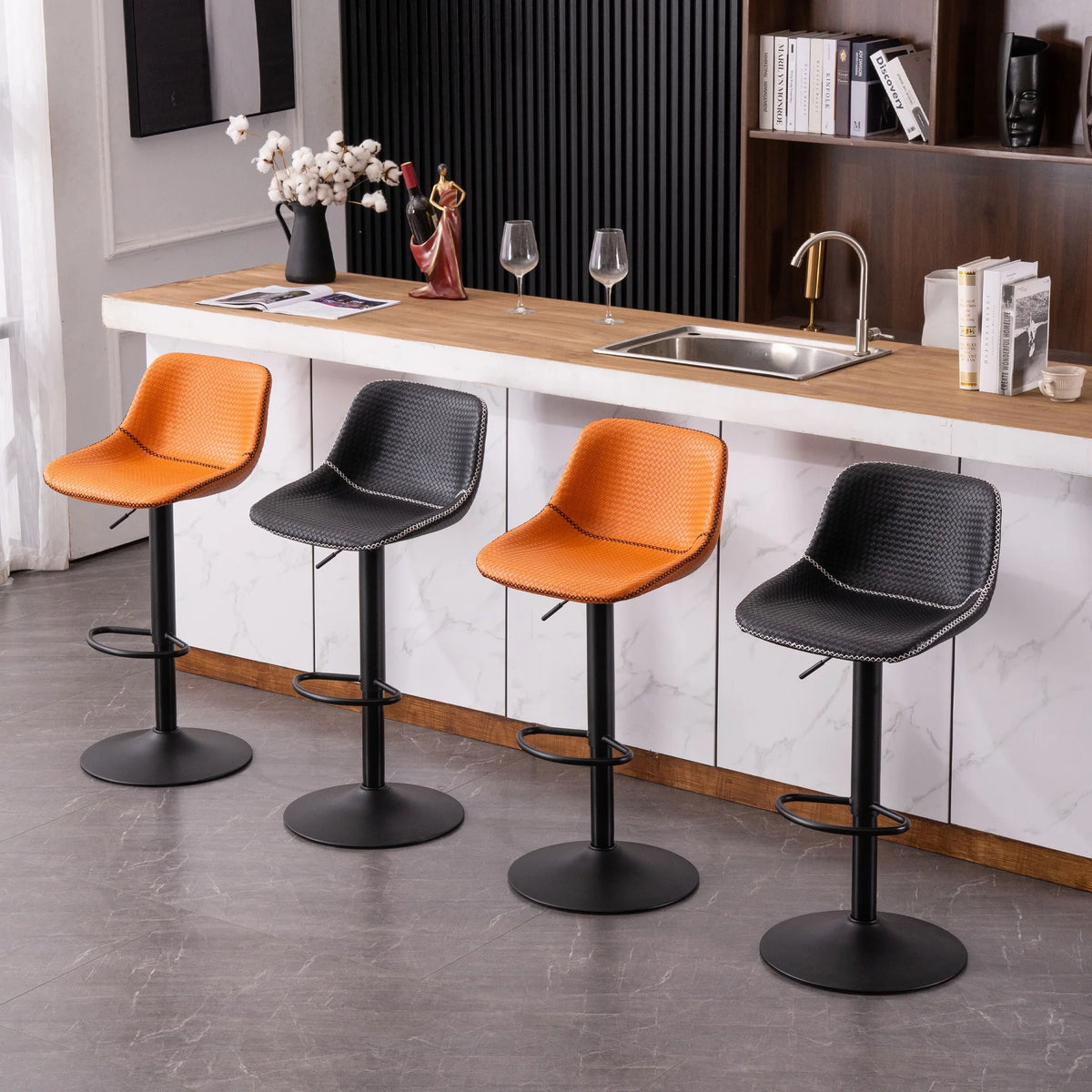 Orange PU Leather Swivel Bar Stools Set of 2 I300