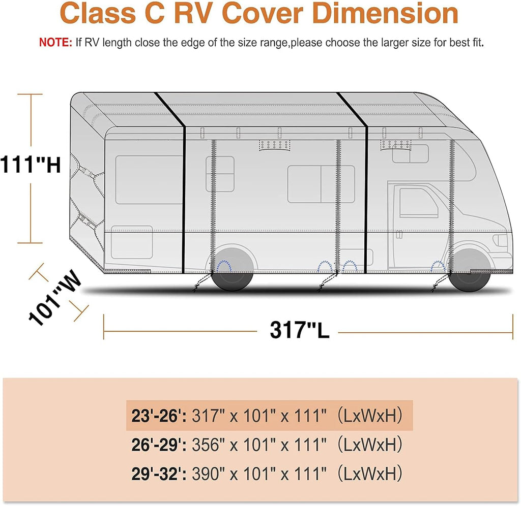 Rip-Stop 210D Class C RV Cover for 29’-32’ Motorhome with 2Pcs Extra Long Straps & Gutter Covers A94972