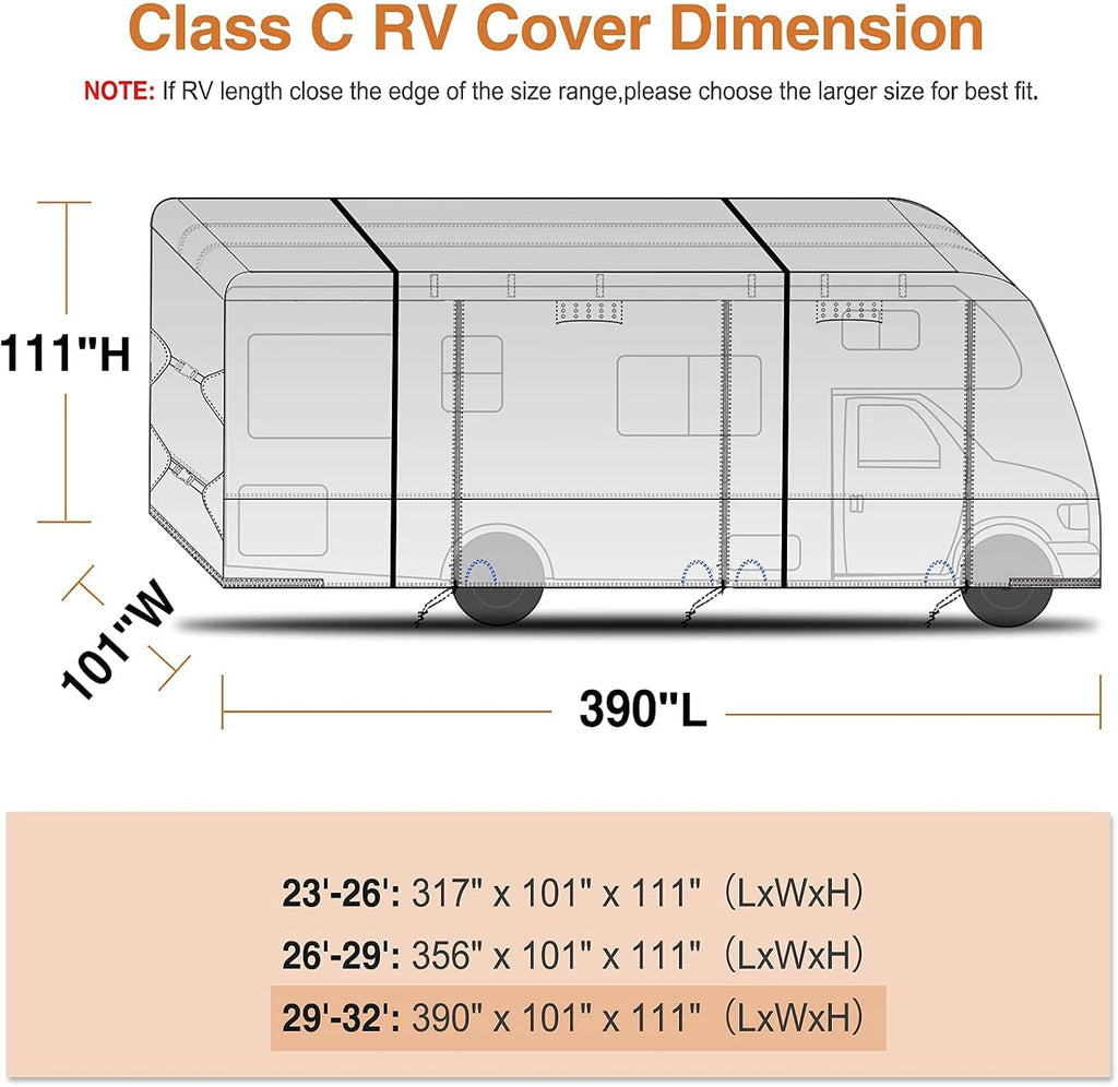 Rip-Stop 210D Class C RV Cover for 29’-32’ Motorhome with 2Pcs Extra Long Straps & Gutter Covers A94972