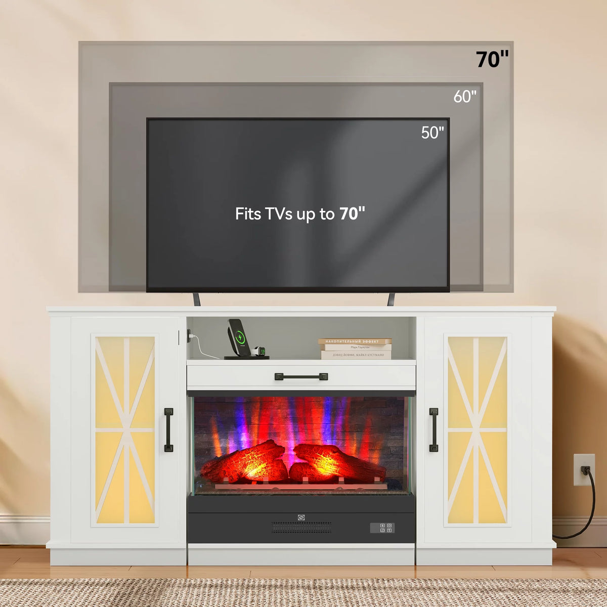 60 Inch White Entertainment Console with Slidable Fireplace and Storage Compartments D481363