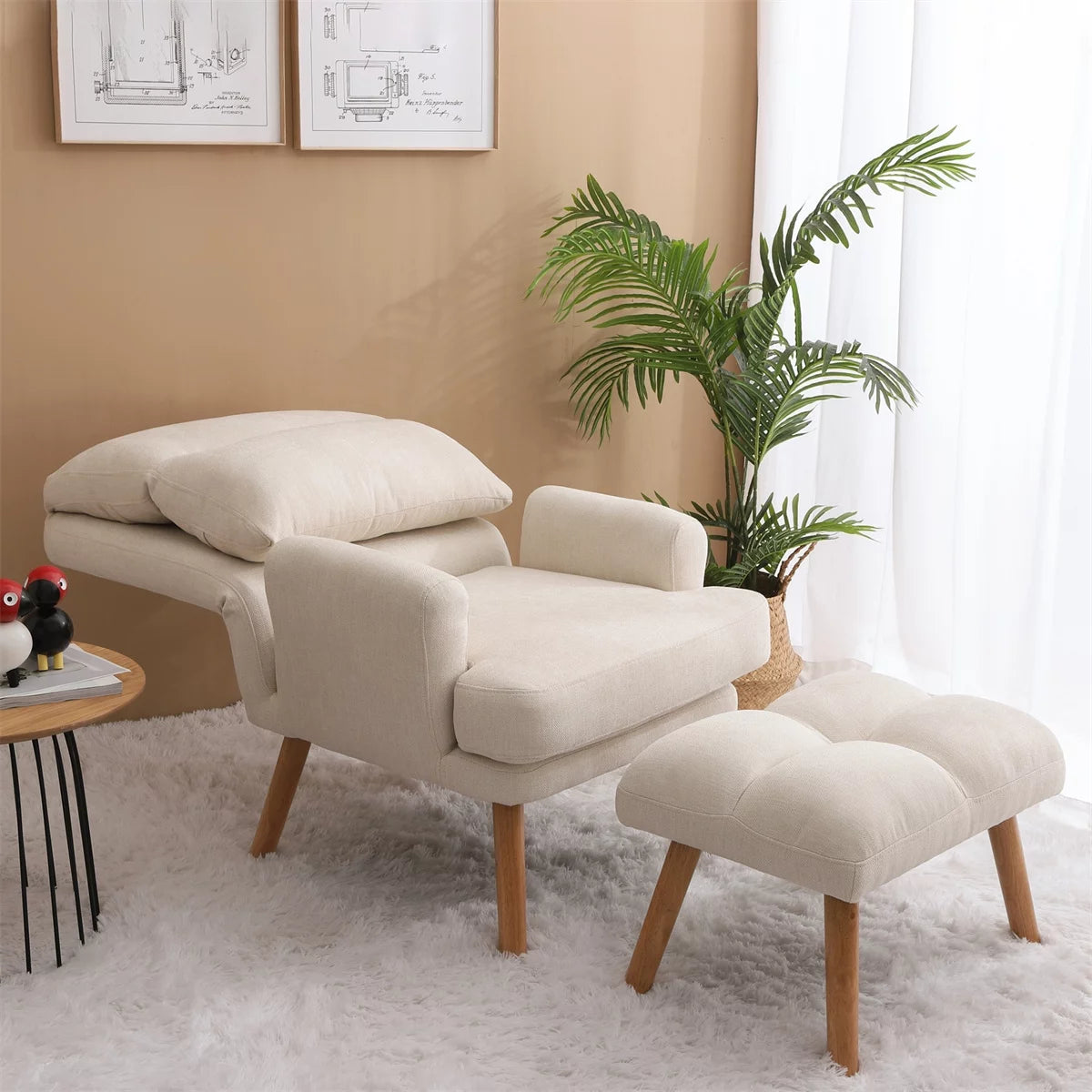 Beige Accent Chair with Ottoman Set I19587