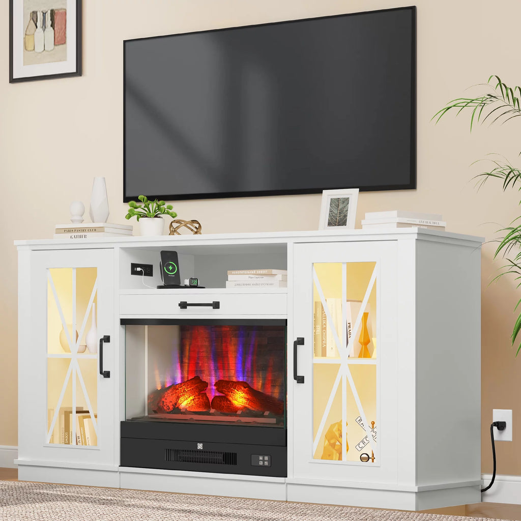 60 Inch White Entertainment Console with Slidable Fireplace and Storage Compartments D481363