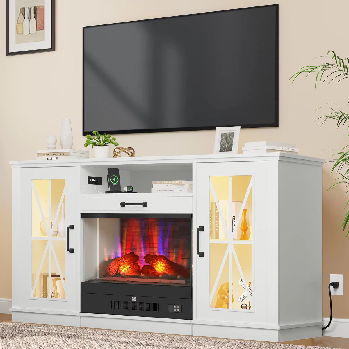 60 Inch White Entertainment Console with Slidable Fireplace and Storage Compartments D481363