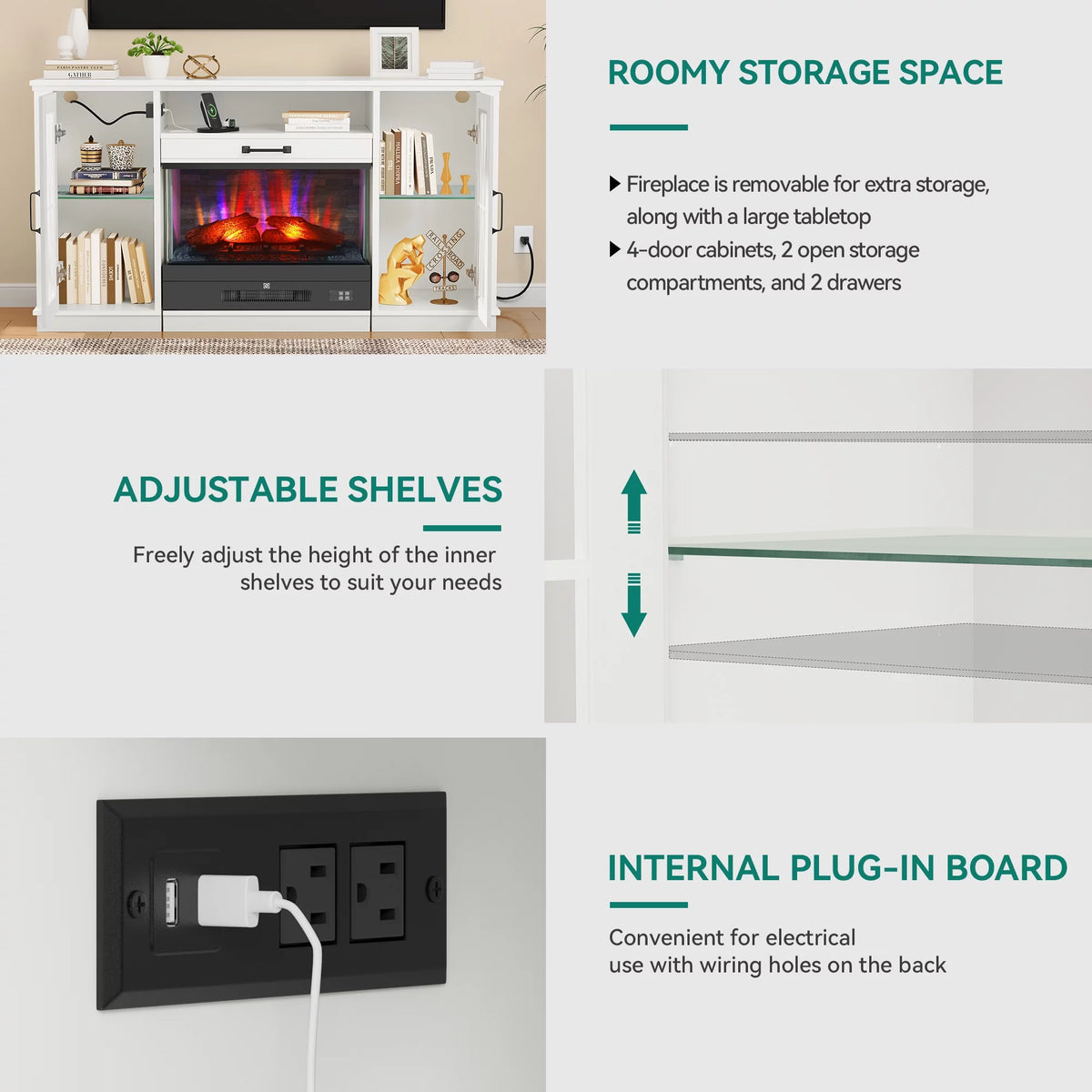 60 Inch White Entertainment Console with Slidable Fireplace and Storage Compartments D481363