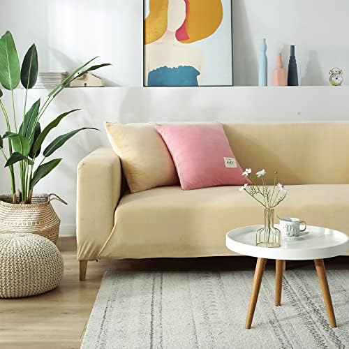 Beige 2 Seater Stretch Velvet Sofa Slipcover with Non Slip Elastic Straps N52885
