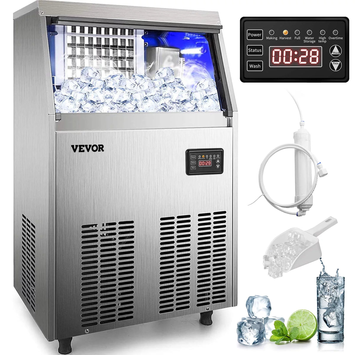 110V Commercial Ice Maker 120-130lbs/24H Stainless Steel X72432