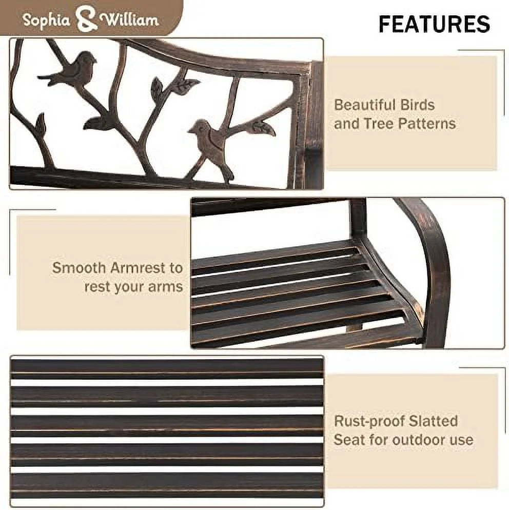 Black Cast Iron Outdoor Bench with Floral Backrest L470