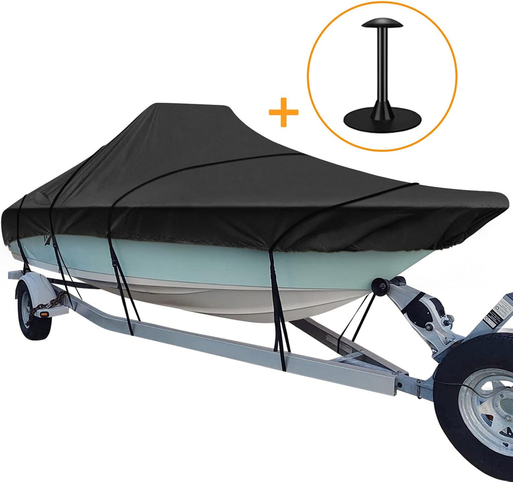 Trailerable Boat Cover, 600D Heavy Duty, Fits V-Hull Center Console Boat 17ft-19ft Long, Beam Width up to 96in, Support Pole Included H230