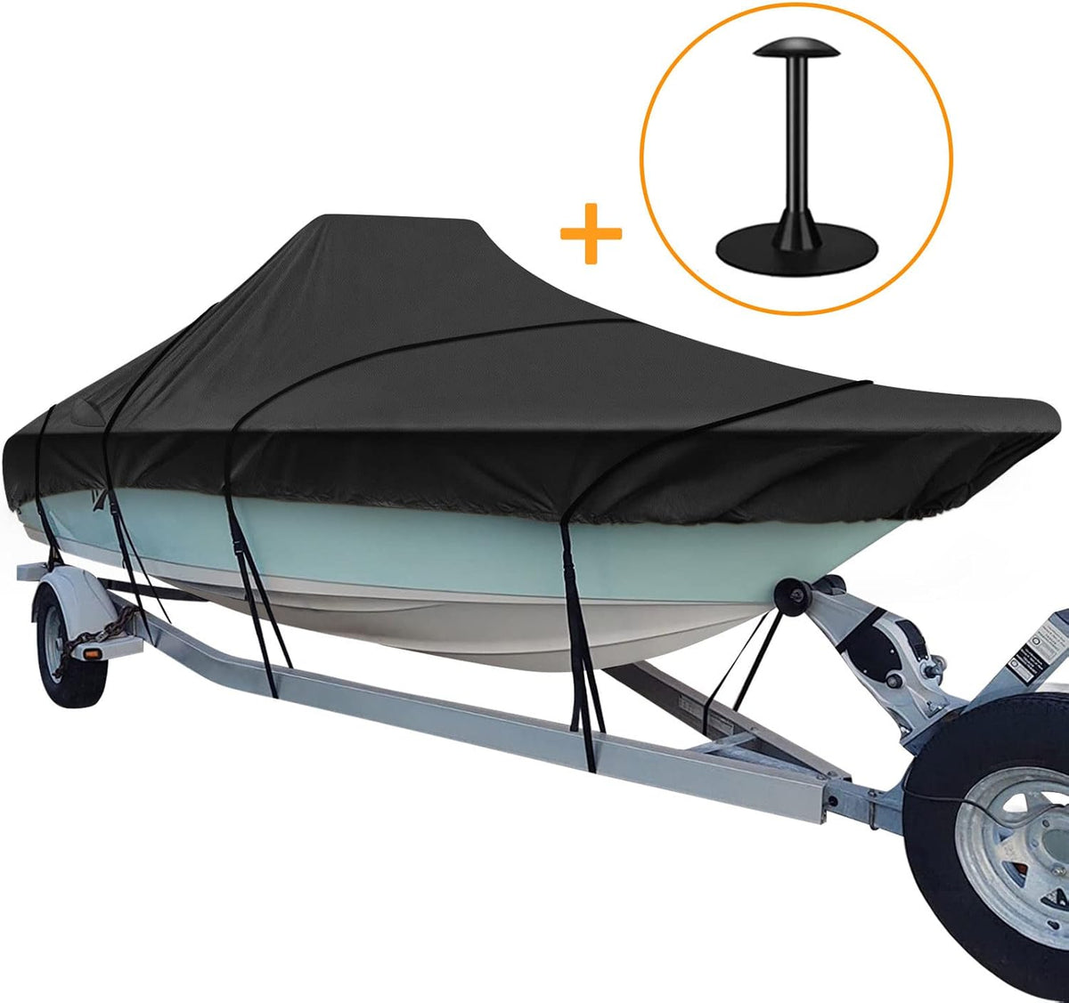 Trailerable Boat Cover, 600D Heavy Duty, Fits V-Hull Center Console Boat 17ft-19ft Long, Beam Width up to 96in, Support Pole Included H230
