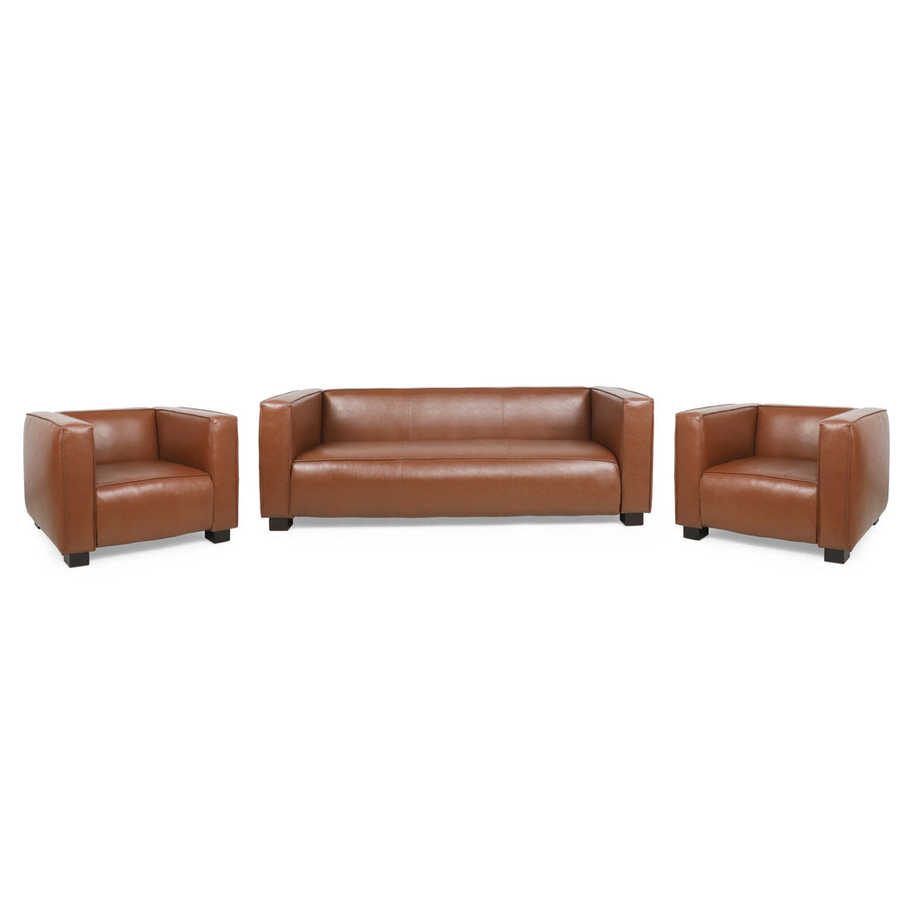Cognac Brown and Dark Walnut Faux Leather 3 Piece Sofa Set Q744