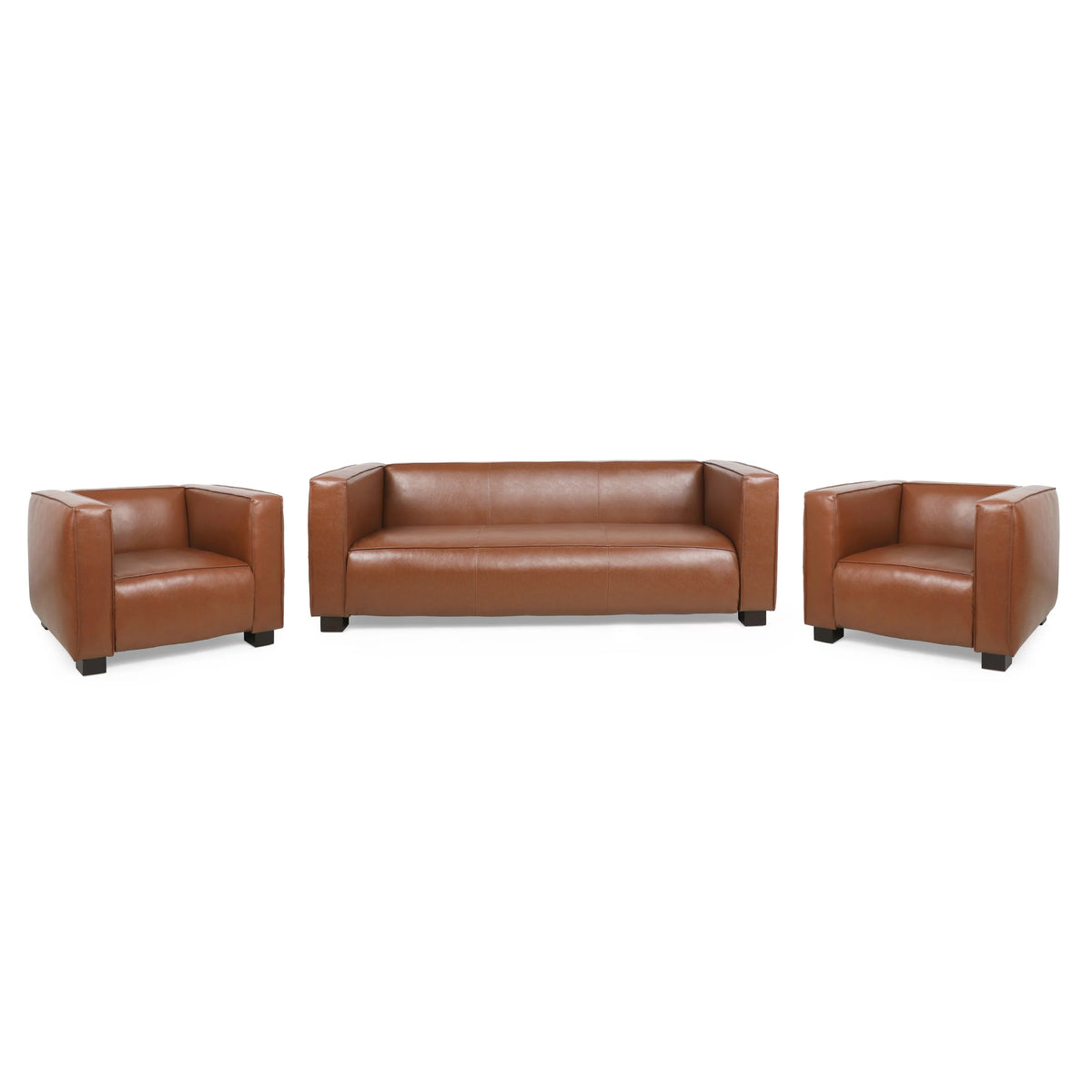 Cognac Brown and Dark Walnut Faux Leather 3 Piece Sofa Set Q744