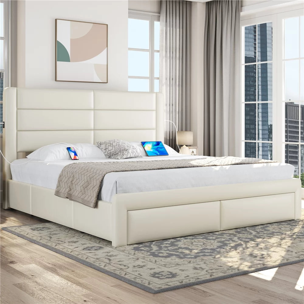 Upholstered Queen Bed with 3 Storage Drawers and USB Ports N119