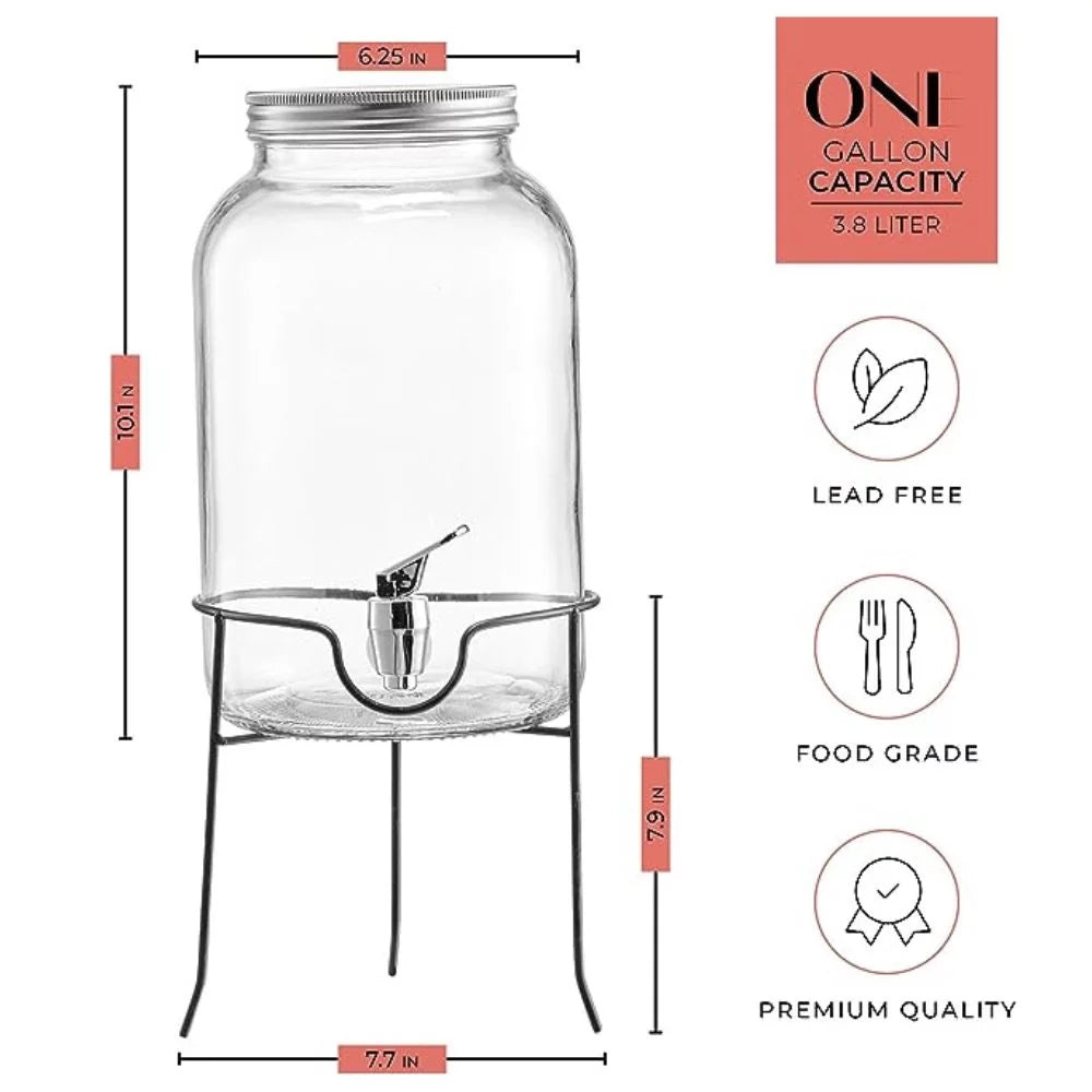 Clear Glass Beverage Dispenser with Spigot and Stand 1 Gallon N9490