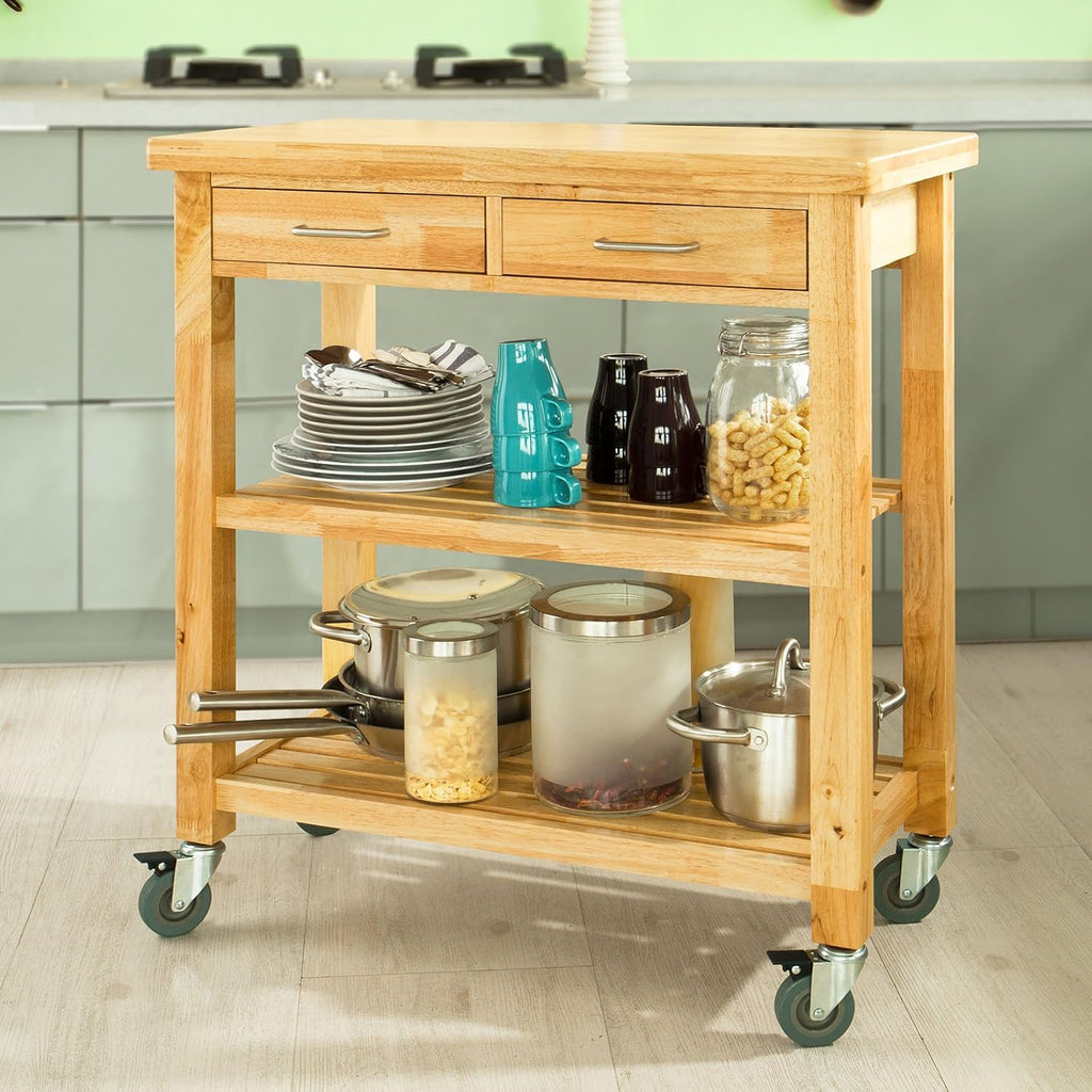 Kitchen Cart with Rubber Wood Top and Wide Drawer W28836