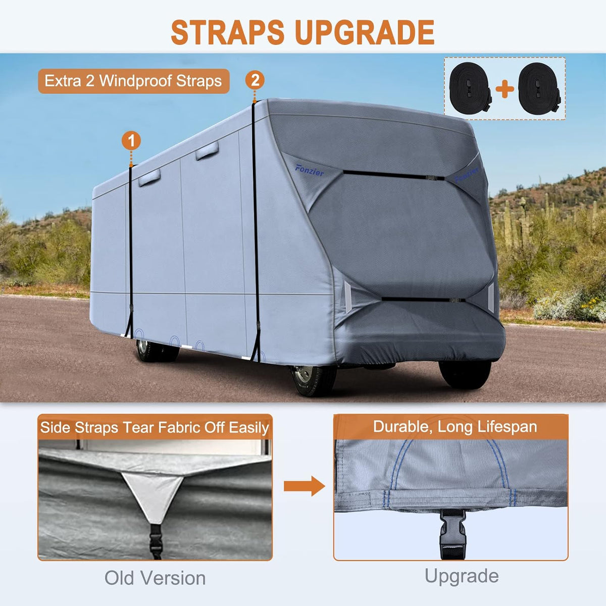 Rip-Stop 210D Class C RV Cover for 29’-32’ Motorhome with 2Pcs Extra Long Straps & Gutter Covers A94972
