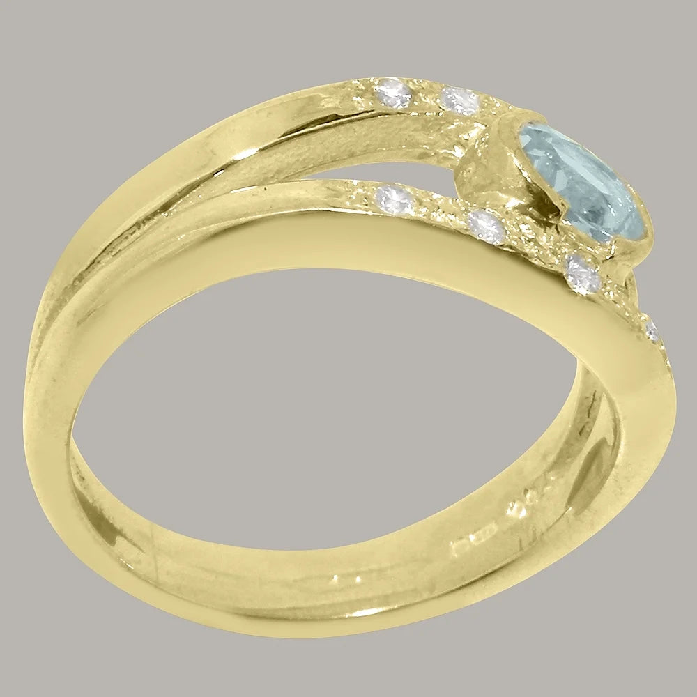 14k Yellow Gold Natural Aquamarine & Diamond Band Ring D2950