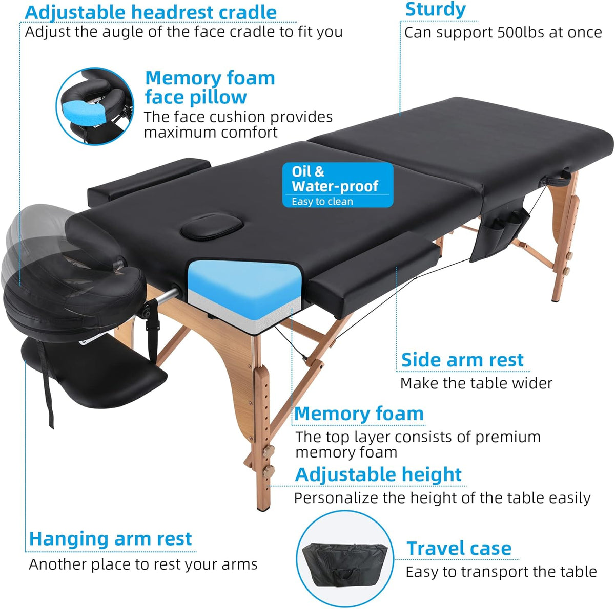 Portable Memory Foam Massage Table 84 Inches Long 28 Inches Wide Foldable Spa Bed with Carrying Case O647245