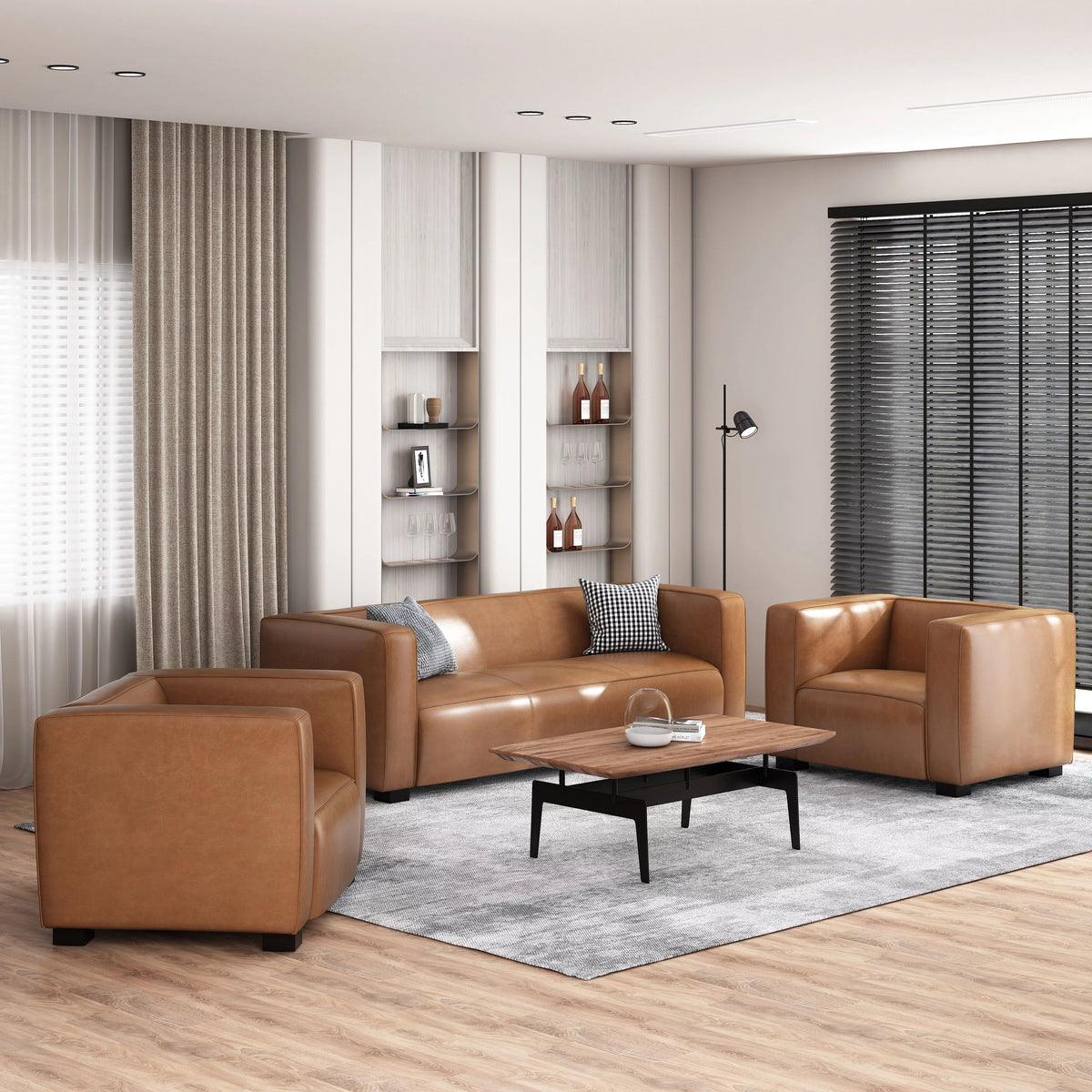 Cognac Brown and Dark Walnut Faux Leather 3 Piece Sofa Set Q744