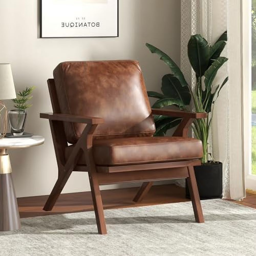 Brown Faux Leather Accent Chair with Wooden Frame U319164