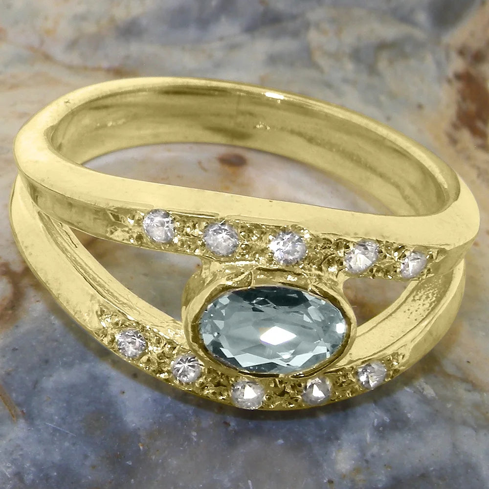 14k Yellow Gold Natural Aquamarine & Diamond Band Ring D2950