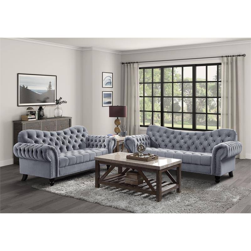 Dark Gray Velvet Loveseat with Nailhead T605