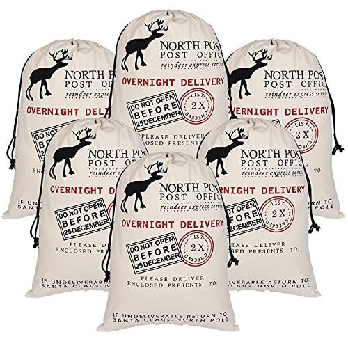 6 Pack Large Canvas Cotton Christmas Bags with Drawstrings Y5568