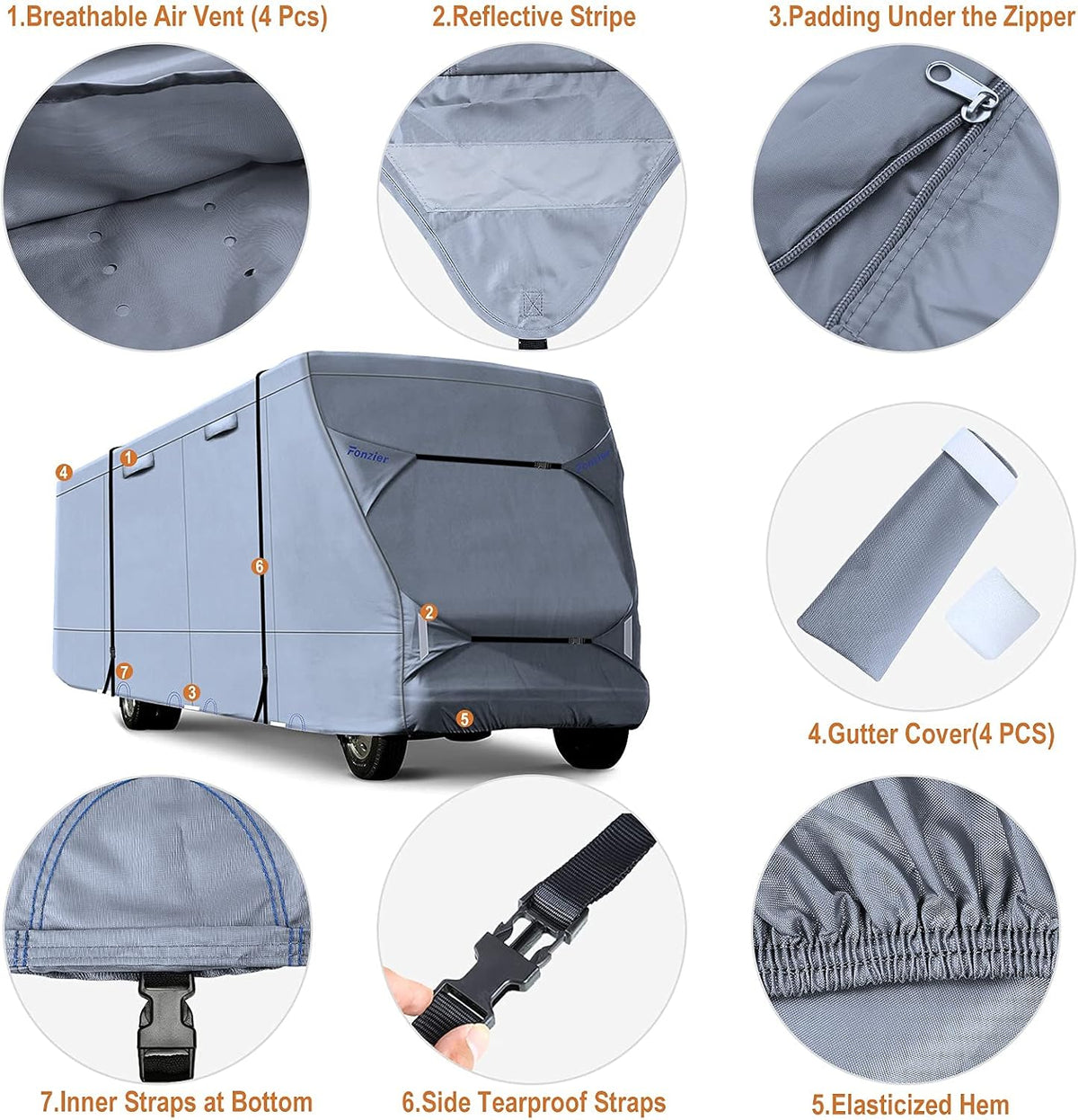 Rip-Stop 210D Class C RV Cover for 29’-32’ Motorhome with 2Pcs Extra Long Straps & Gutter Covers A94972