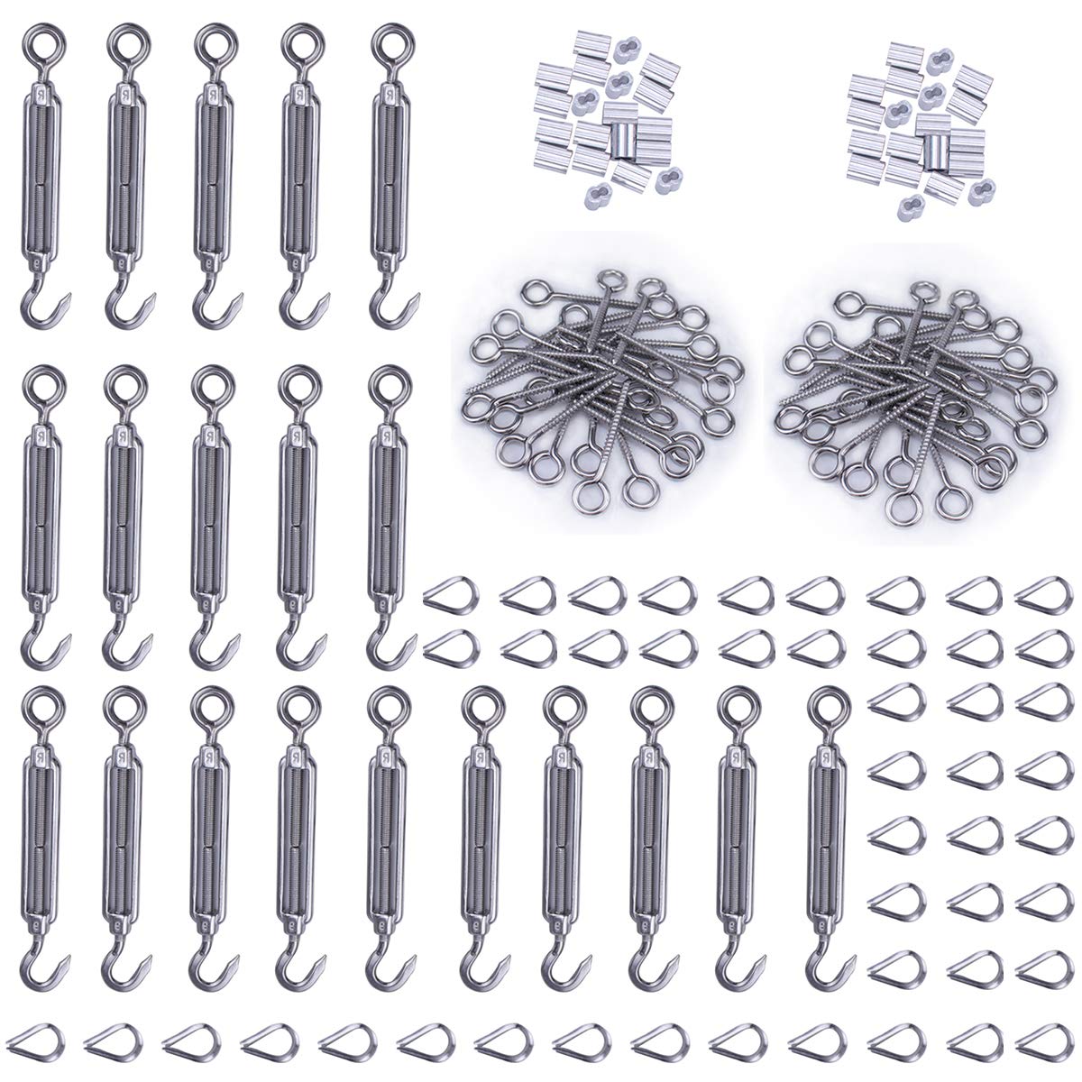 Cable Railing Kit M5 Hook & Eye Turnbuckle Wire Rope Tension M6 Stainless Steel Eyes Screw M3 Aluminum Crimping Loop M3 Stainless Steel Thimble NK08 Pack of 2 H795