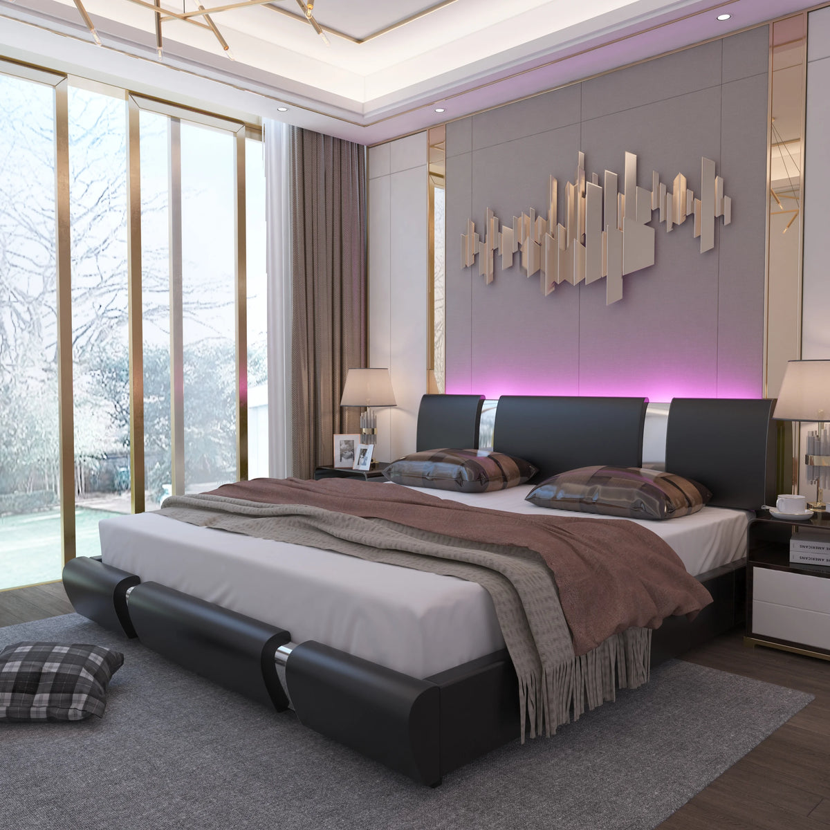 Black Full Size Bed Frame with Faux Leather Headboard D452