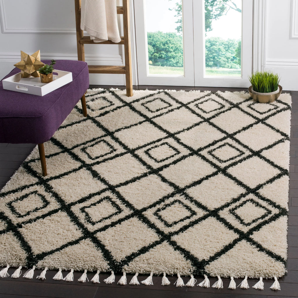 Cream Charcoal 8' x 10' Geometric Shag Area Rug N12176