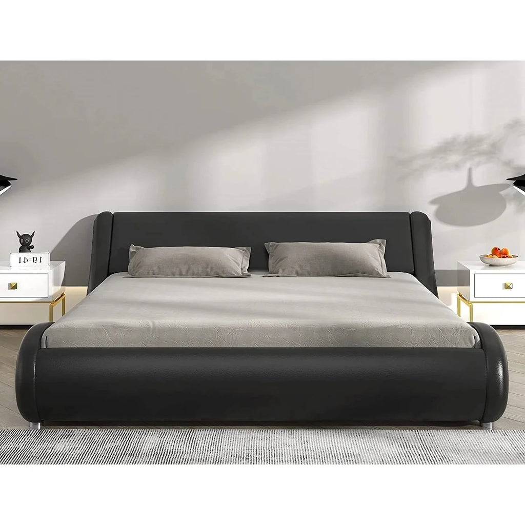 Black Faux Leather Queen Platform Bed Frame with Headboard F982