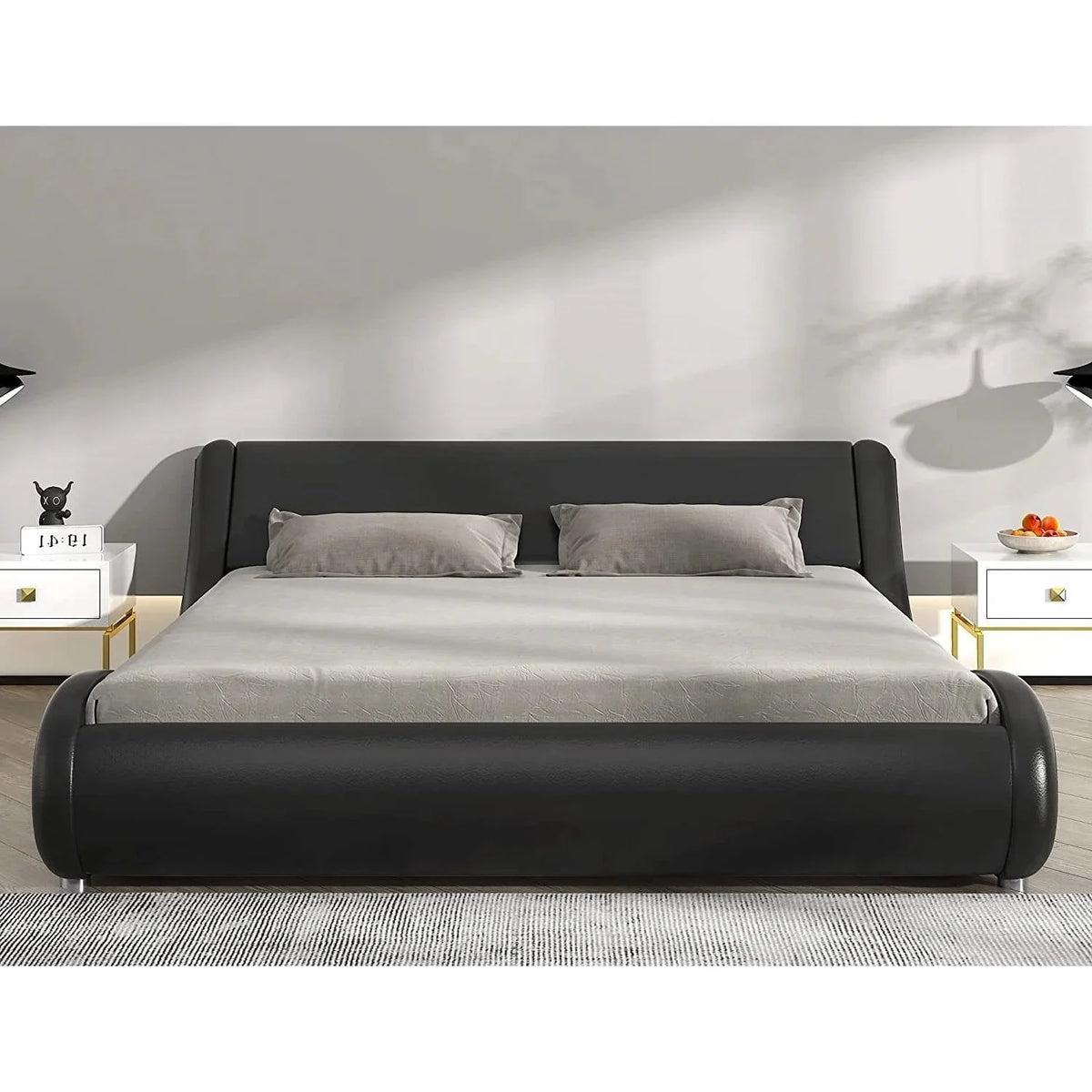 Black Faux Leather Queen Platform Bed Frame with Headboard F982