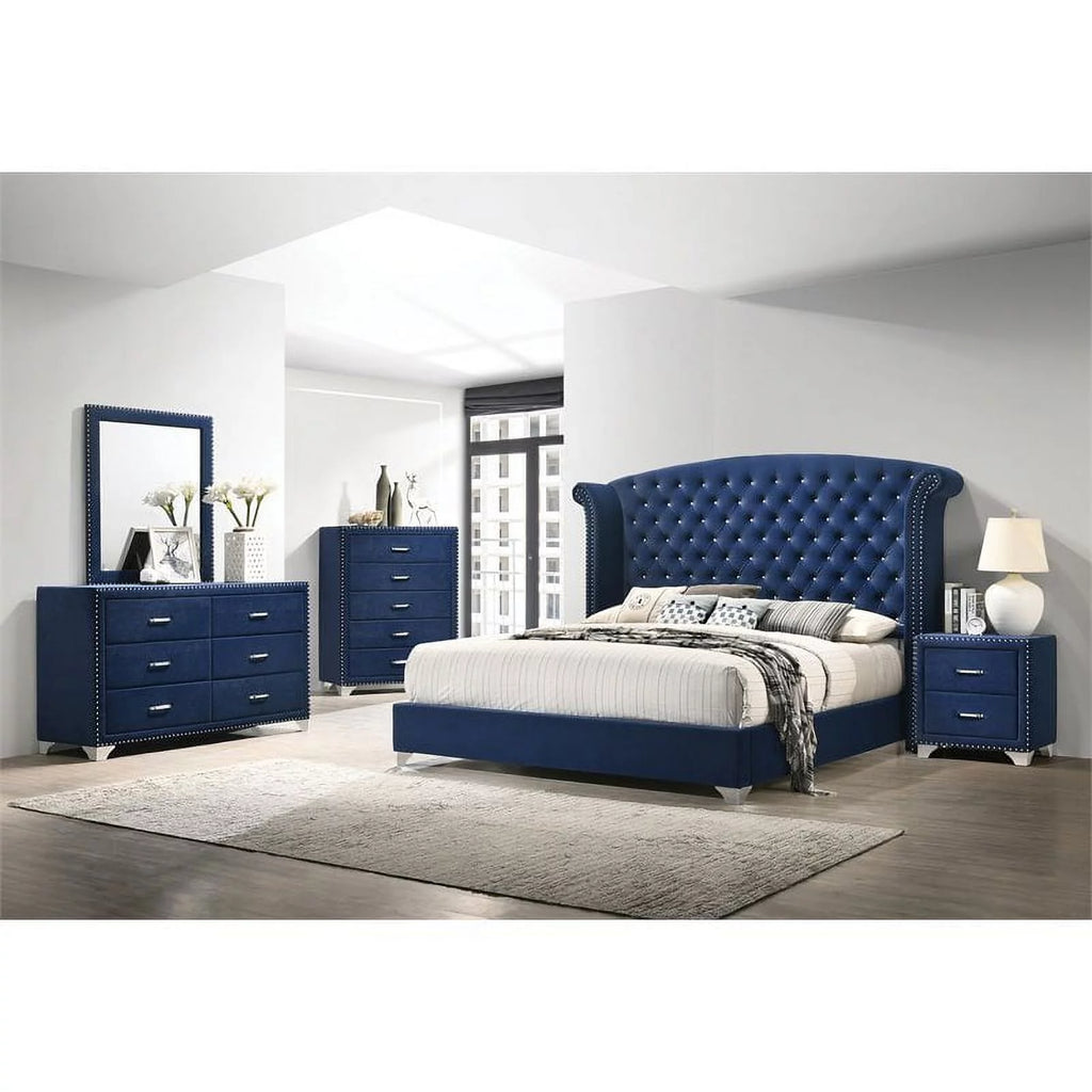 4-Piece Velvet Queen Bedroom Set in Blue E46217