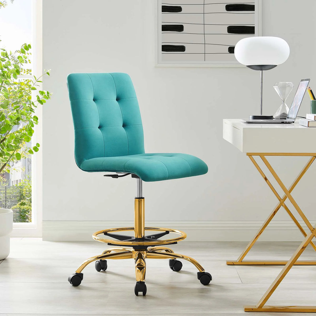 Gold Teal Velvet Drafting Chair U626