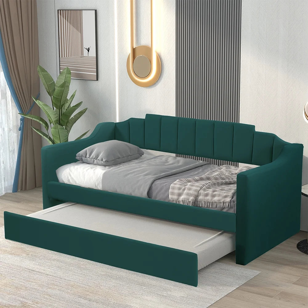 Green Fabric Upholstered Wooden Daybed with Trundle G6148