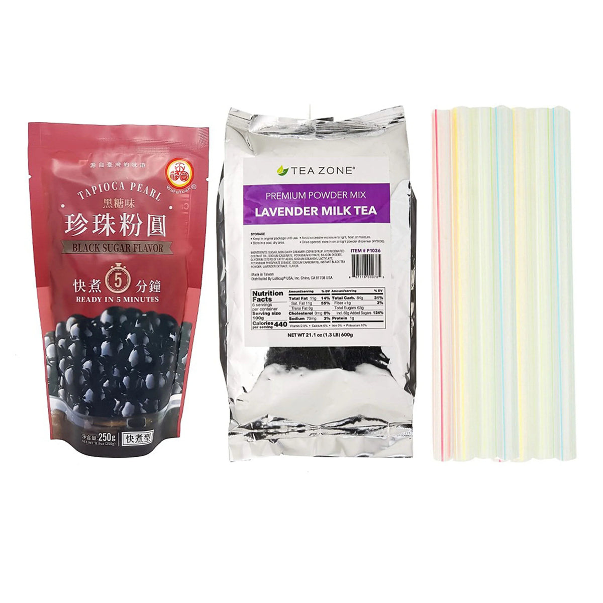 Lavender Milk Tea Bubble Tea DIY Kit with Black Boba Tapioca Pearl and 10 Straws W92484