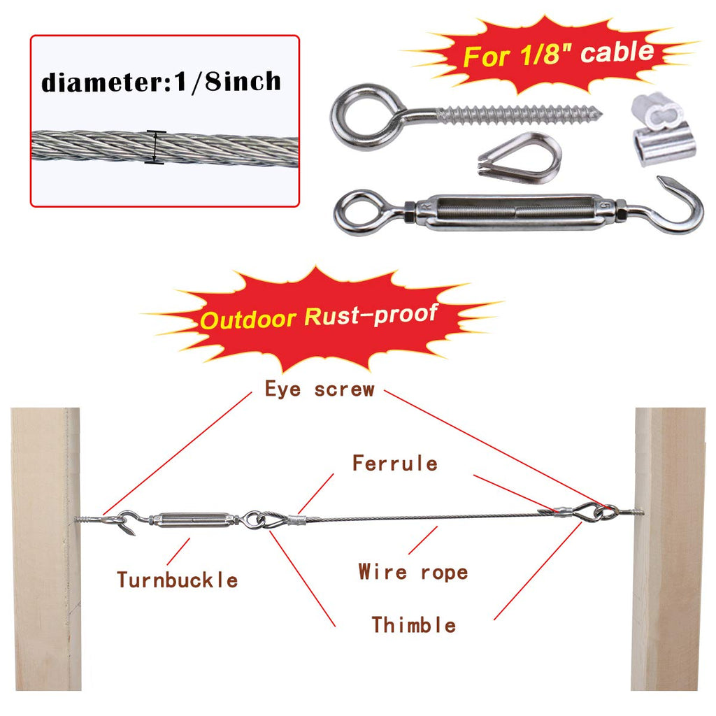 Cable Railing Kit M5 Hook & Eye Turnbuckle Wire Rope Tension M6 Stainless Steel Eyes Screw M3 Aluminum Crimping Loop M3 Stainless Steel Thimble NK08 Pack of 2 H795