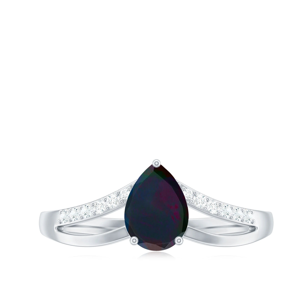 Black Opal Teardrop Ring with Diamond, Split Shank Ring, 14K White Gold E637461
