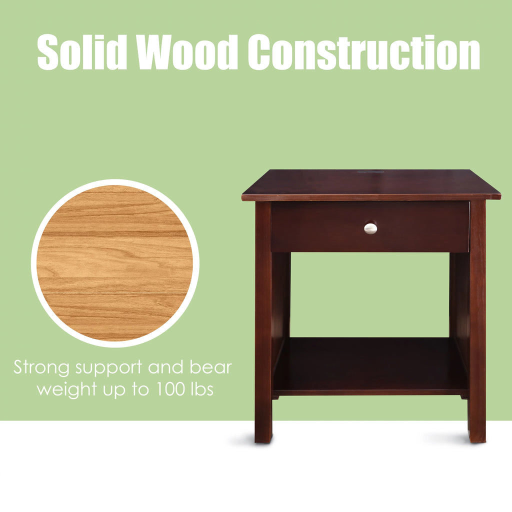 Espresso Wooden Nightstand with USB Ports and One Drawer I6892
