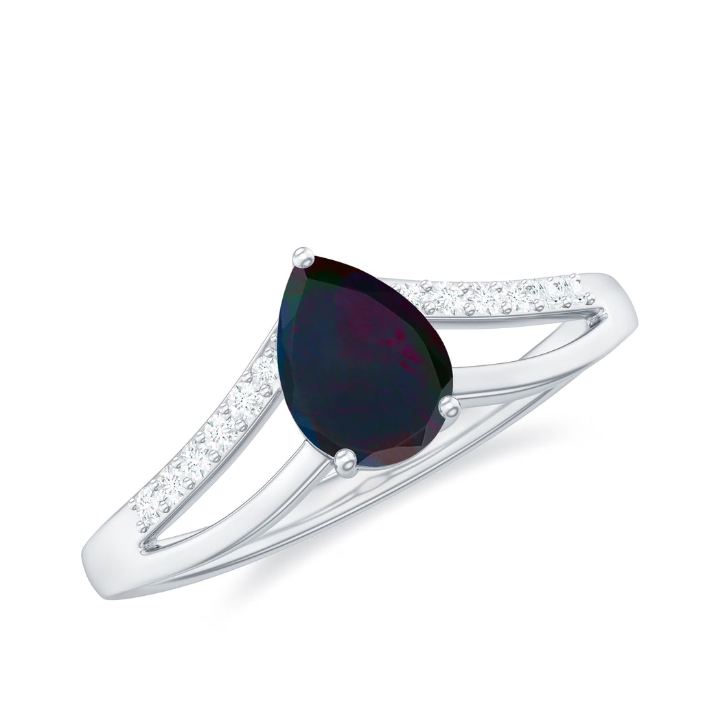 Black Opal Teardrop Ring with Diamond, Split Shank Ring, 14K White Gold E637461