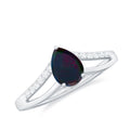 Black Opal Teardrop Ring with Diamond, Split Shank Ring, 14K White Gold E637461